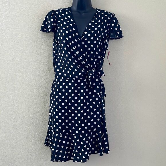 NWT XHILARATION WOMENS RUFFLED BLACK W WHITE POLKA DOT WRAP DRESS SIZE L - Picture 1 of 6